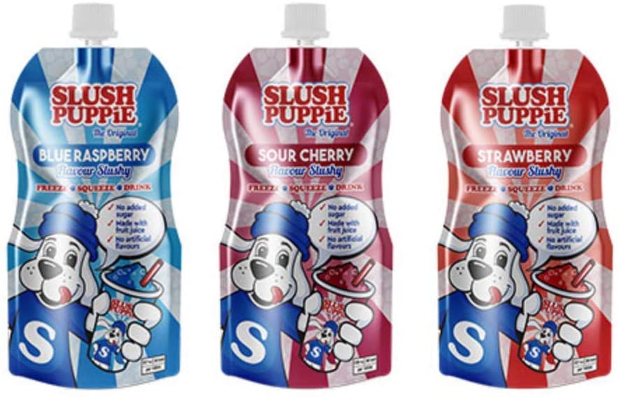 3 x Bundle Slush Puppie Pouches| 70's Favourite| Retro| Freeze Squeeze| Ice pop Drink| Blue Raspberry, Strawberry & Cherry