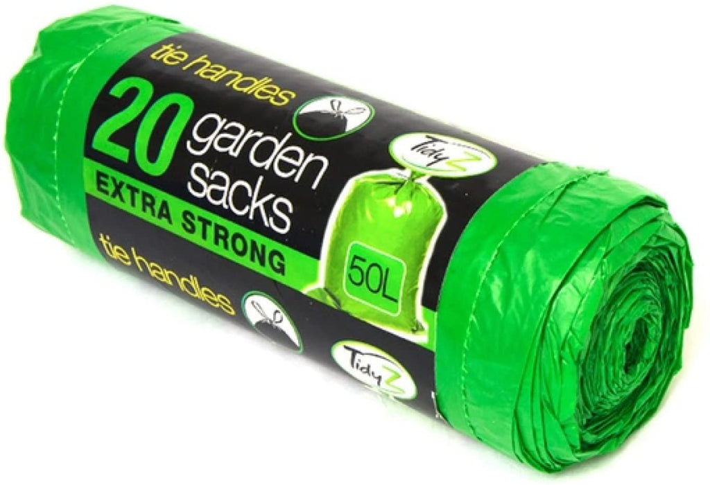 Tidyz Garden Sacks Rubbish Bags - Green Heavy Duty 50 litres x 20 pack - 89cm Extra Stong Bin Sacks With Tie Handles