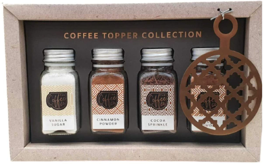 Kachhu® Coffee Topper Gift Set Includes: Vanilla Sugar Cinnamon Powder Chocolate Sprinkle Cocoa Powder 4pk