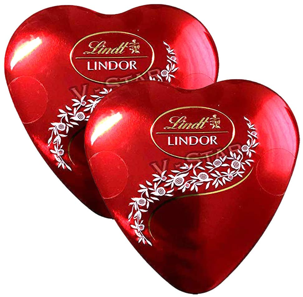 2 x LINDT Lindor Milk Chocolate RED Love Heart Shape 50g TINS