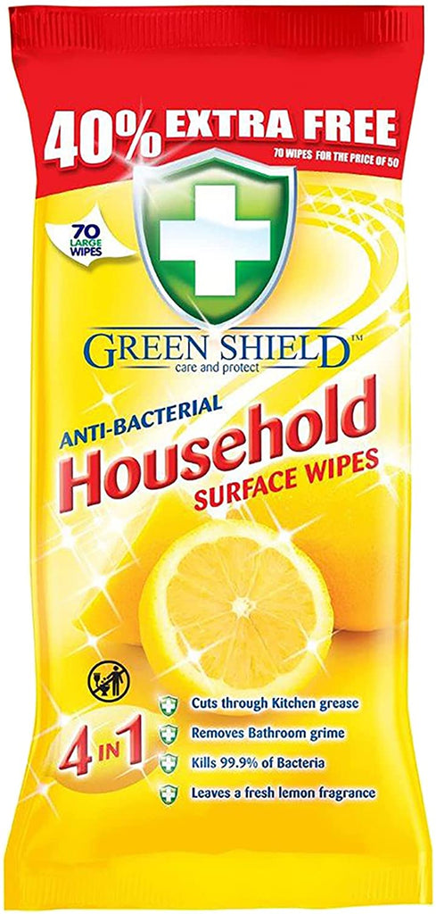 Greenshield, Large Antibacterial Household Surface Cleaning Wipes, Lemon, 70 Count