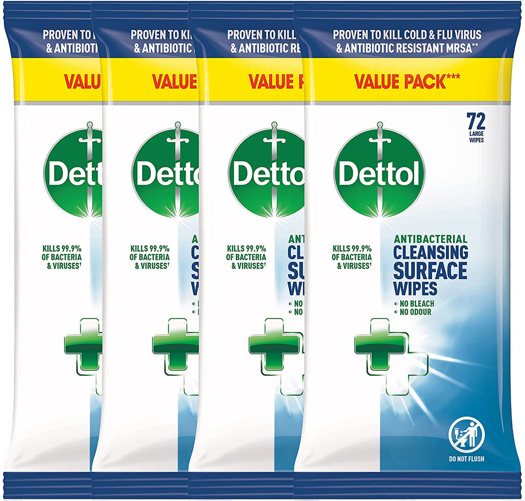 Dettol Antibacterial Surface Cleaning Disinfectant Wipes, 288 Wipes, Pack of 4 x 72